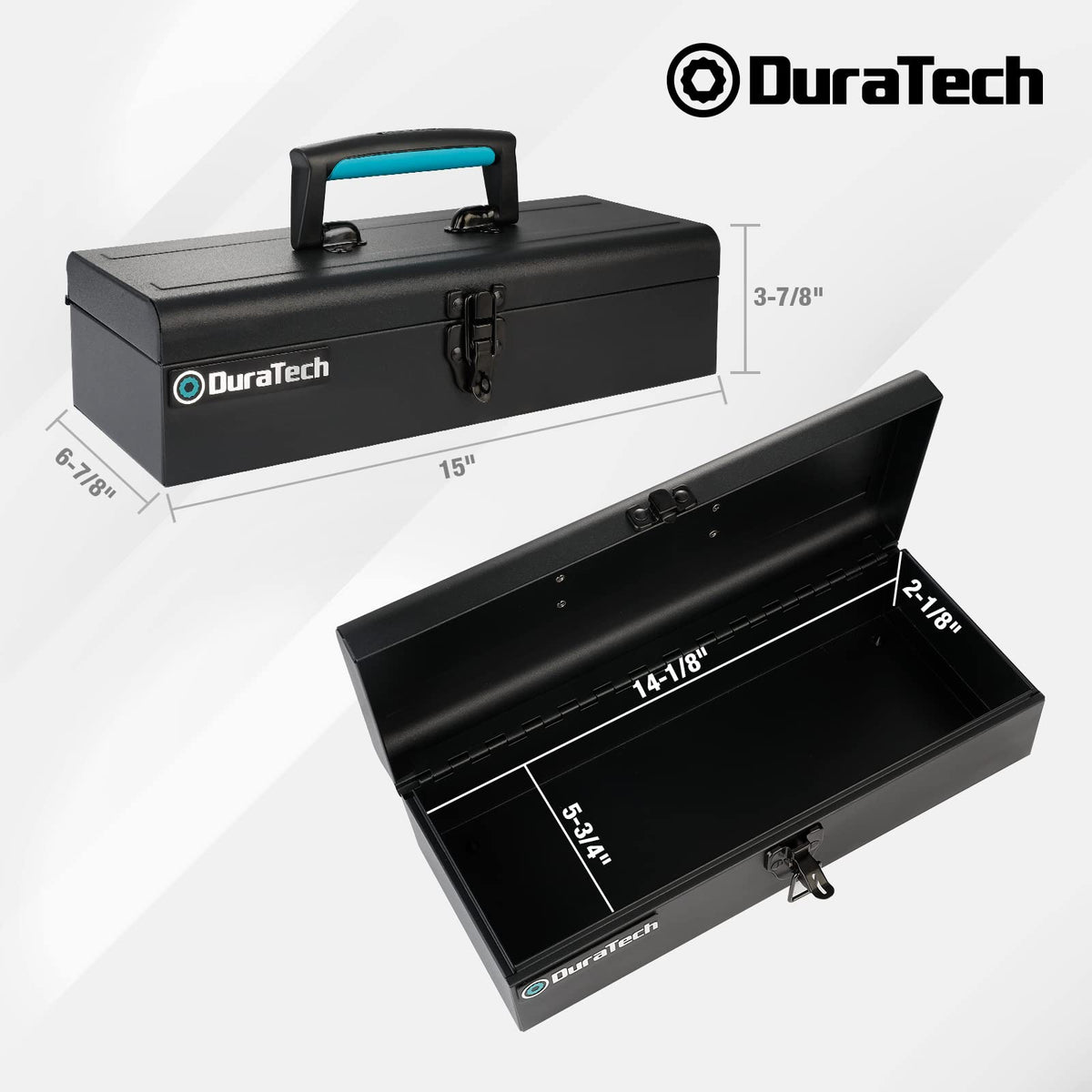 Metal Tool Box, 15" Portable Steel Tool Box with Metal Latch Closure & Plastic Handle, Anti-slip Base, Multi-Purpose Heavy Duty, Black