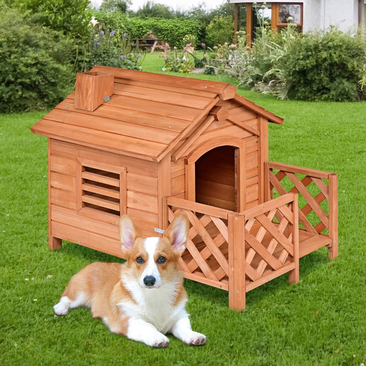 Tangkula Pet Dog House, Wooden Dog Room with Porch &amp; Fence, Raised Vent and Balcony for Outdoor &amp; Indoor Use, Pet House Shelter for Puppies and Dogs, Dog House Dog Kennel