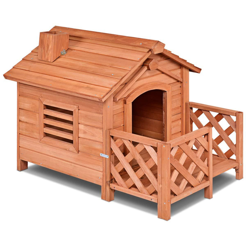 Tangkula Pet Dog House, Wooden Dog Room with Porch &amp; Fence, Raised Vent and Balcony for Outdoor &amp; Indoor Use, Pet House Shelter for Puppies and Dogs, Dog House Dog Kennel