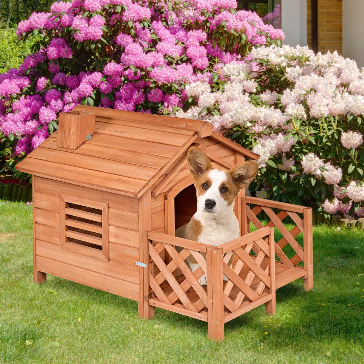 Tangkula Pet Dog House, Wooden Dog Room with Porch &amp; Fence, Raised Vent and Balcony for Outdoor &amp; Indoor Use, Pet House Shelter for Puppies and Dogs, Dog House Dog Kennel