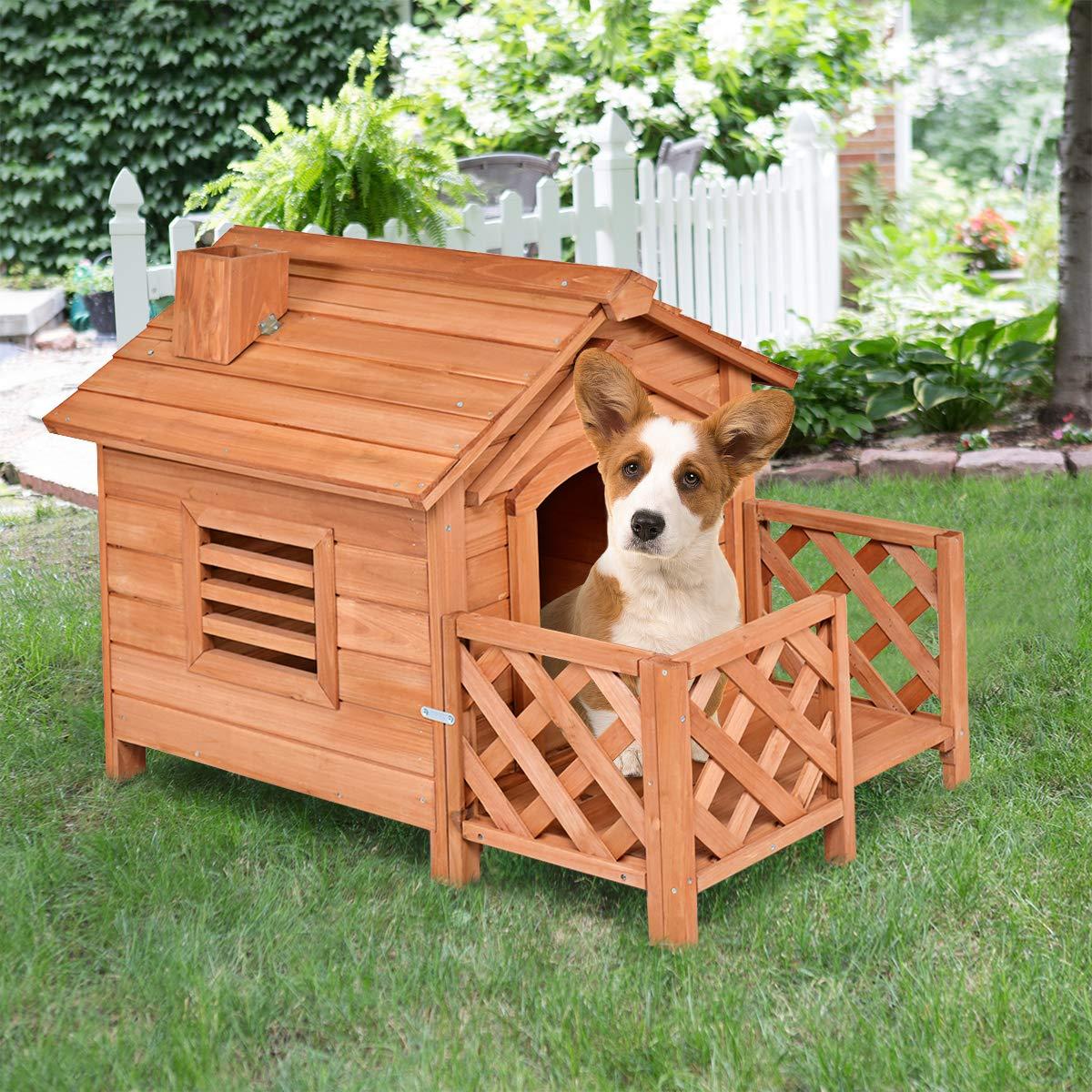 Tangkula Pet Dog House, Wooden Dog Room with Porch &amp; Fence, Raised Vent and Balcony for Outdoor &amp; Indoor Use, Pet House Shelter for Puppies and Dogs, Dog House Dog Kennel