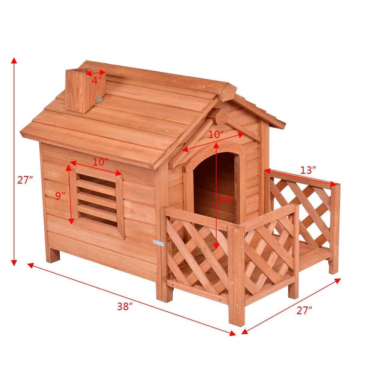 Tangkula Pet Dog House, Wooden Dog Room with Porch &amp; Fence, Raised Vent and Balcony for Outdoor &amp; Indoor Use, Pet House Shelter for Puppies and Dogs, Dog House Dog Kennel