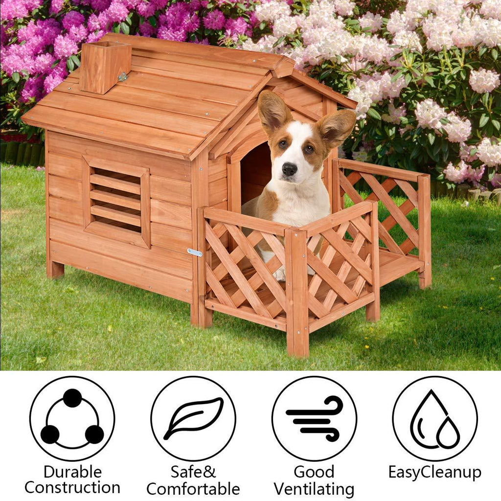Tangkula Pet Dog House, Wooden Dog Room with Porch &amp; Fence, Raised Vent and Balcony for Outdoor &amp; Indoor Use, Pet House Shelter for Puppies and Dogs, Dog House Dog Kennel