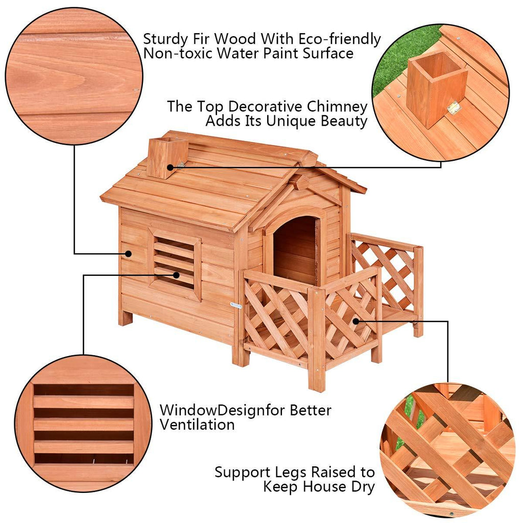 Tangkula Pet Dog House, Wooden Dog Room with Porch &amp; Fence, Raised Vent and Balcony for Outdoor &amp; Indoor Use, Pet House Shelter for Puppies and Dogs, Dog House Dog Kennel