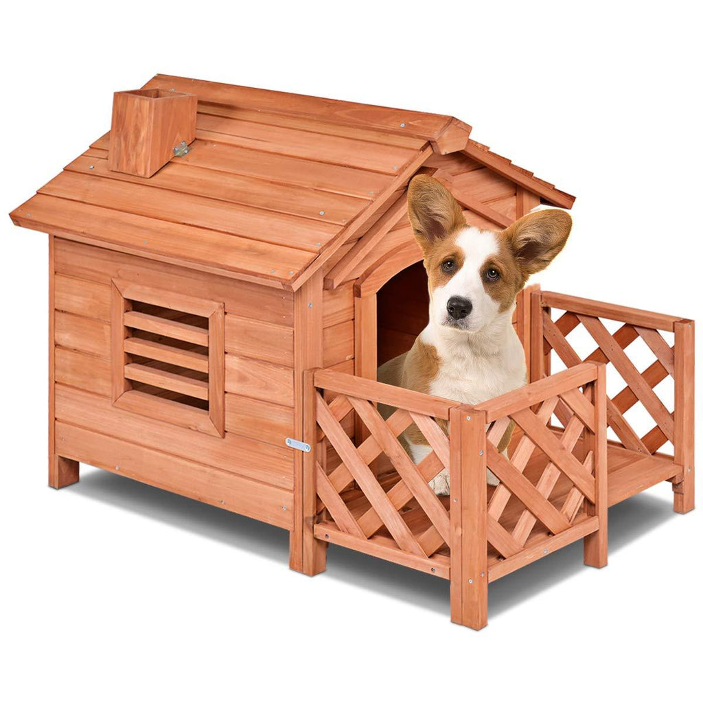 Tangkula Pet Dog House, Wooden Dog Room with Porch &amp; Fence, Raised Vent and Balcony for Outdoor &amp; Indoor Use, Pet House Shelter for Puppies and Dogs, Dog House Dog Kennel