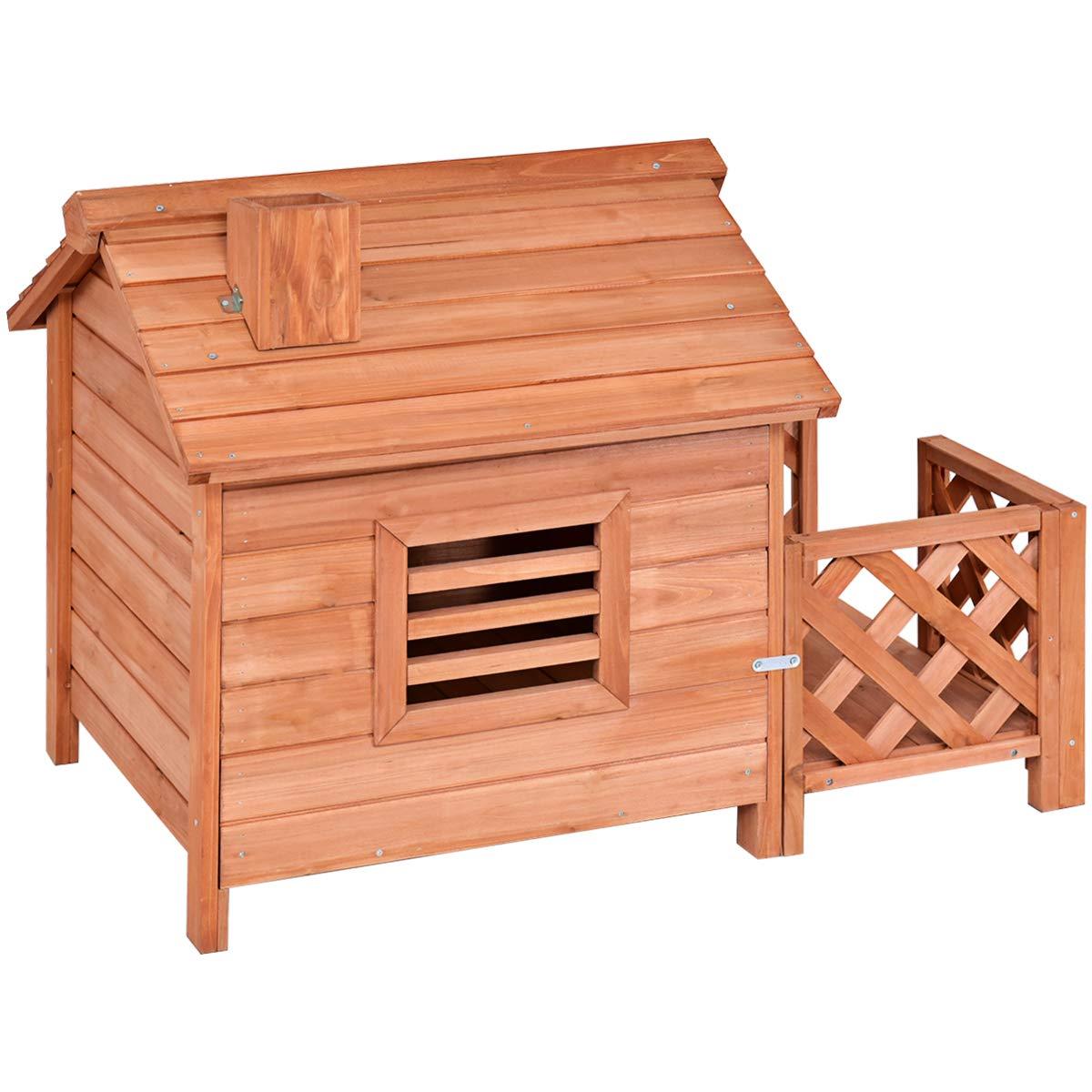 Tangkula Pet Dog House, Wooden Dog Room with Porch &amp; Fence, Raised Vent and Balcony for Outdoor &amp; Indoor Use, Pet House Shelter for Puppies and Dogs, Dog House Dog Kennel