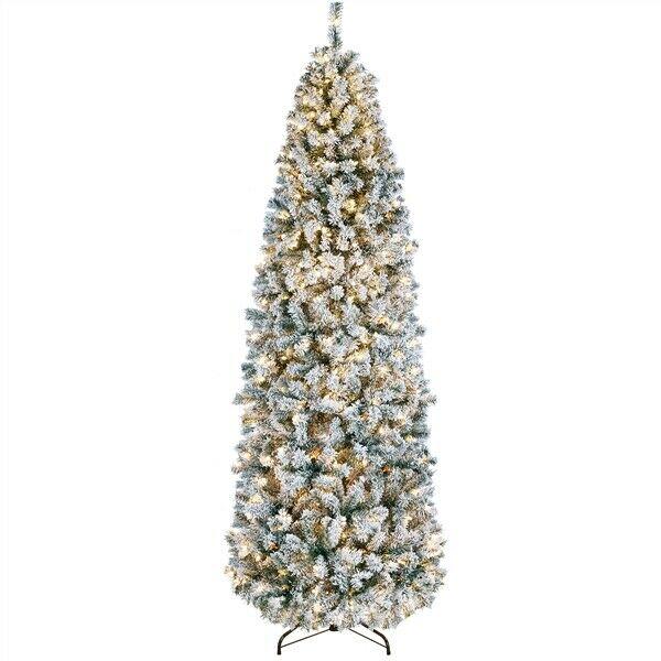 Prelit Snow Flocked Artificial Christmas Tree KingsFir Pencil Tree w/ Stand