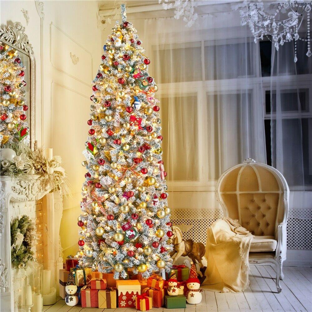 Prelit Snow Flocked Artificial Christmas Tree KingsFir Pencil Tree w/ Stand