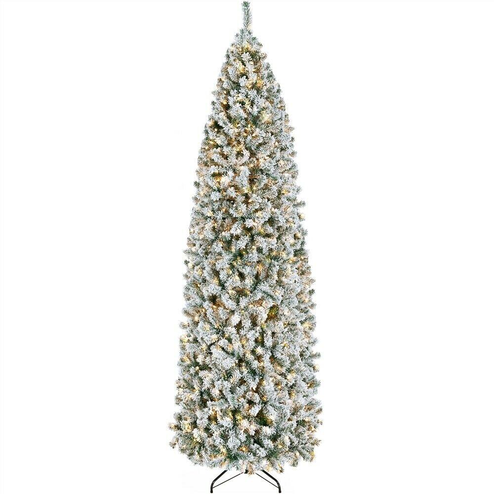 Prelit Snow Flocked Artificial Christmas Tree KingsFir Pencil Tree w/ Stand