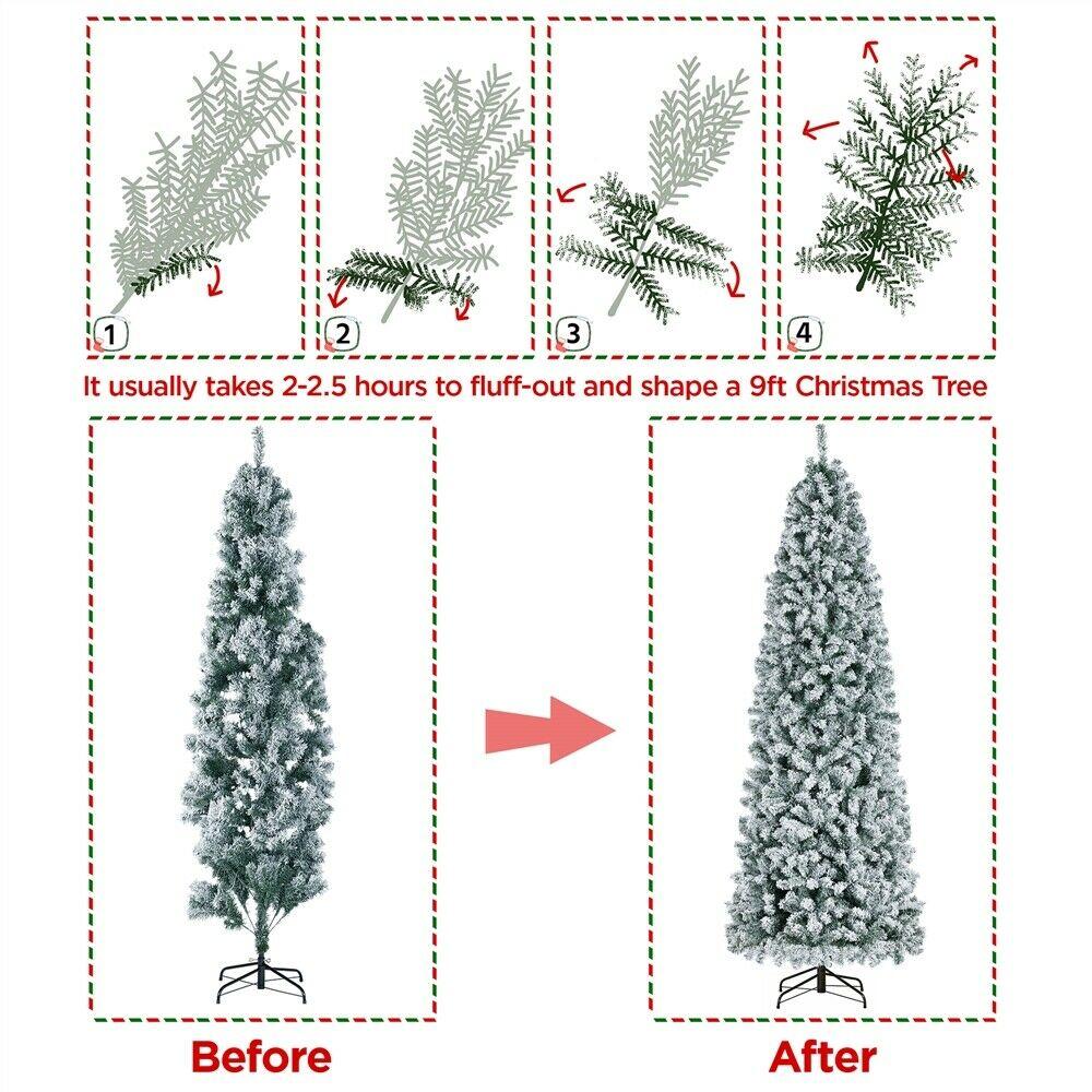 Prelit Snow Flocked Artificial Christmas Tree KingsFir Pencil Tree w/ Stand