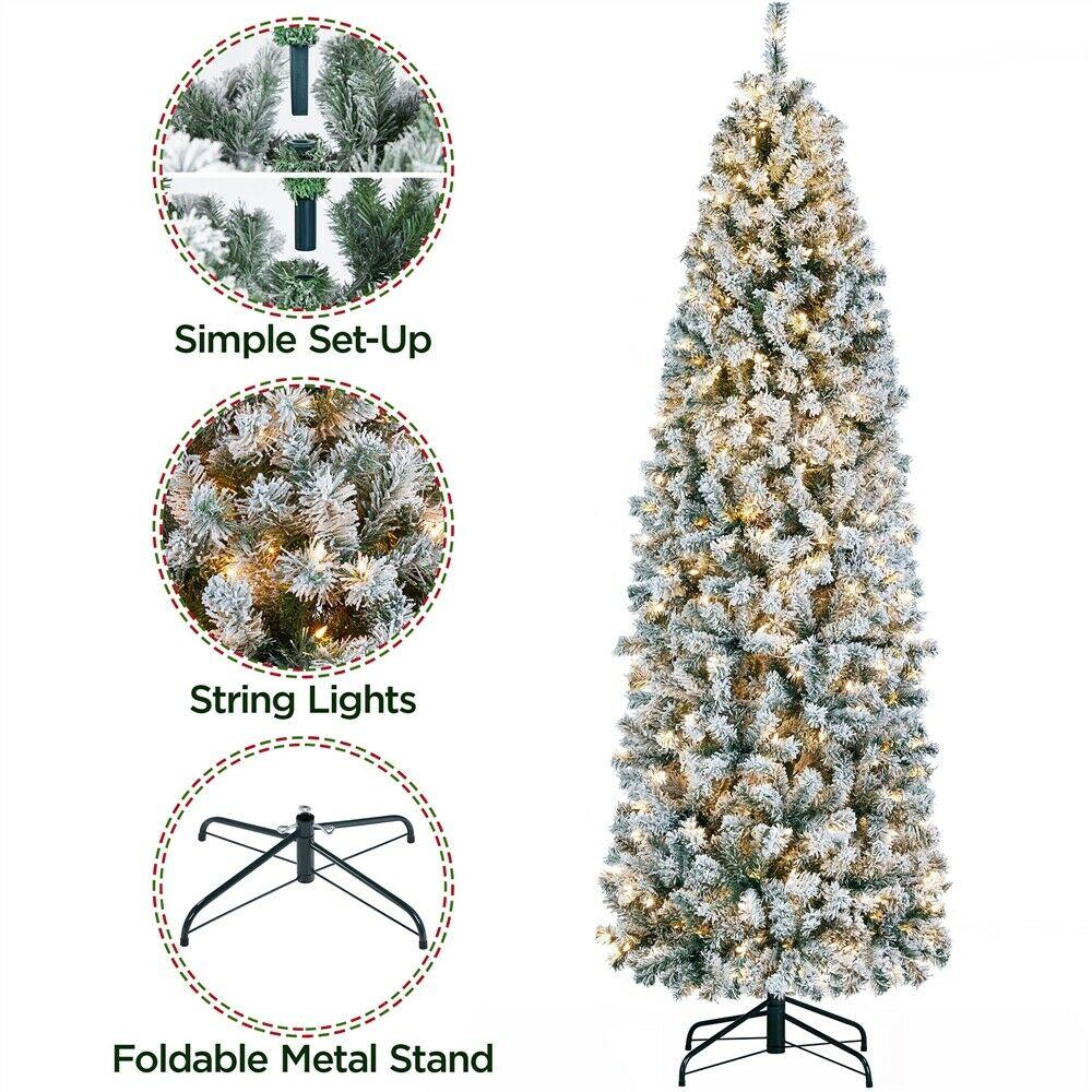 Prelit Snow Flocked Artificial Christmas Tree KingsFir Pencil Tree w/ Stand
