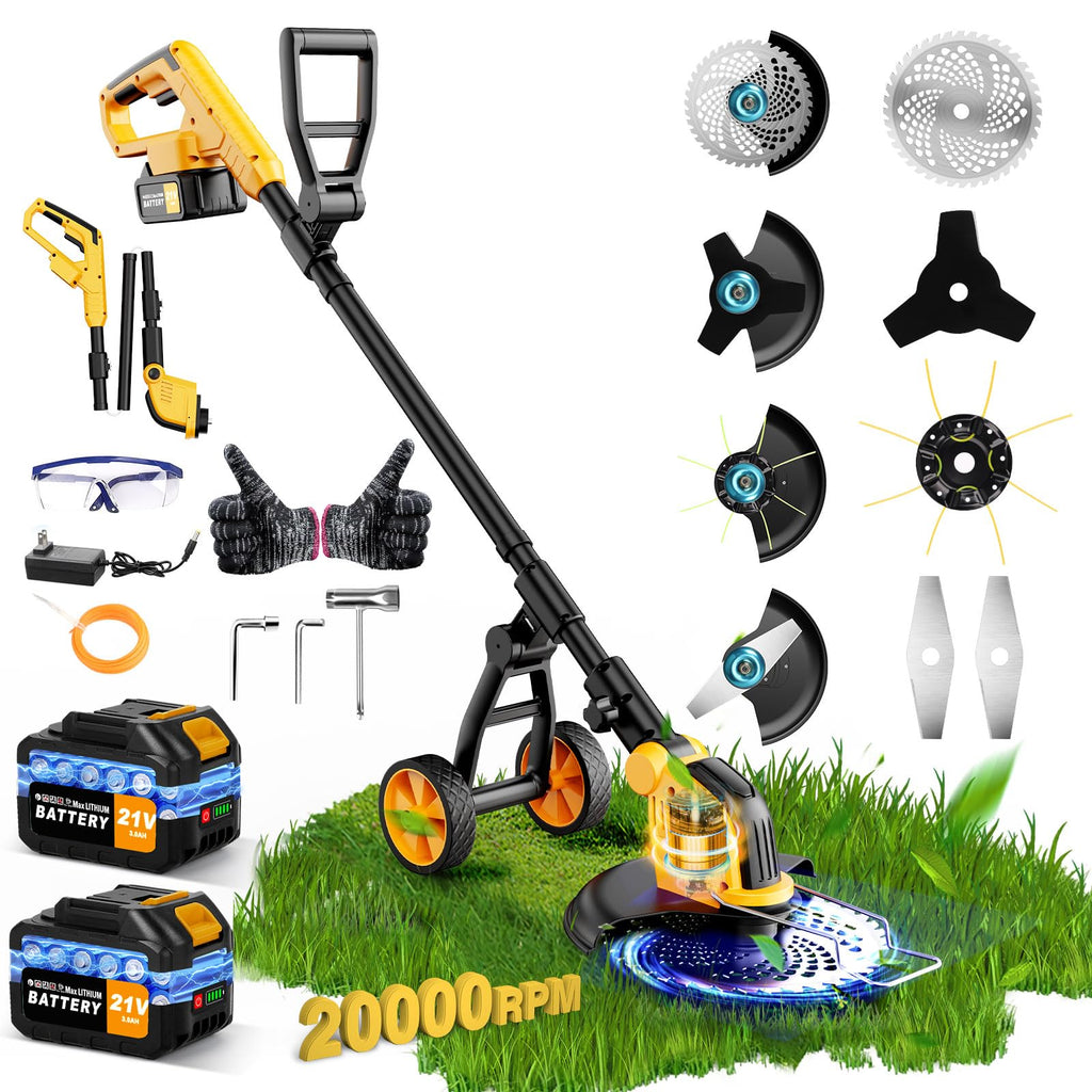Brushless 6000mAh Cordless Weed Wacker Edger with Wheel, 4-in-1 Electric Weed Eater Battery Powered Brush Cutter, Grass Trimmer Stringless Weed Trimmer Lawn Mower Metal Blade Battery Charger