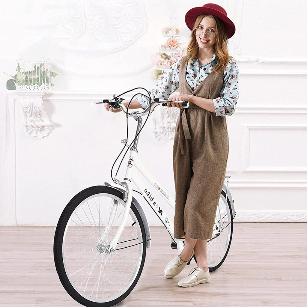 24" Womens Beach Cruiser Bike, Unisex Commute Body Ease Comfort Bike Road Seaside Travel Bicycles for Women Men (White)