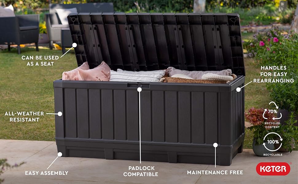Kent92 Gallon Resin Deck Box-Organization and Storafor Patio Furniture Outdoor Cushions, Throw Pillows, Garden Tools and Pool Floats, Dark Grey