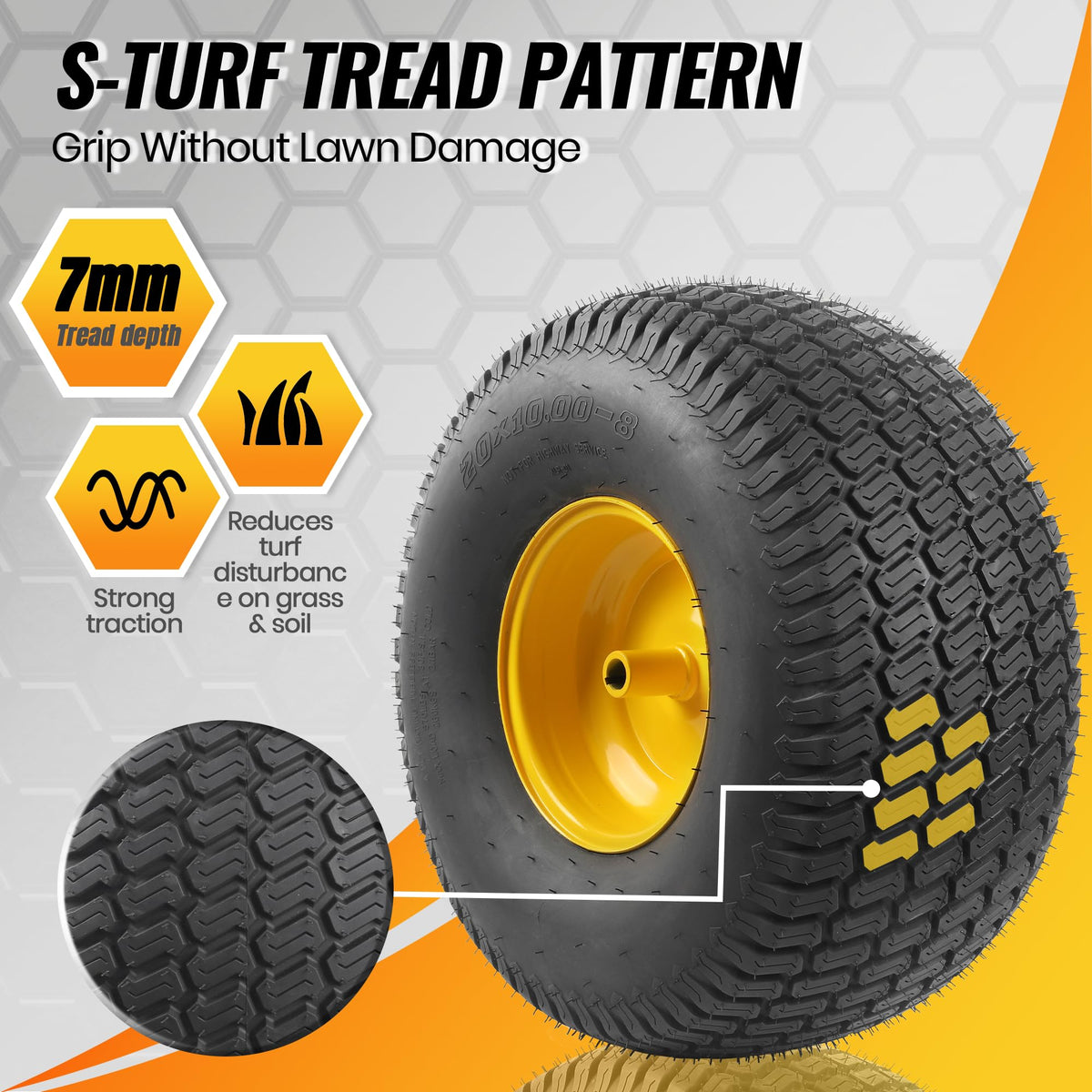 20x10.00-8 Tubeless Lawn Mower Tire and Wheel Assembly (2-Pack), 4-Ply Rear Tire with Steel Rim, 3/4" Bore &amp; 3/16" Keyway, 3.5" Offset Hub, S-Turf Tread, Riding Lawn Mower &amp; Garden Tractor