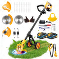 Electric Weed Wacker Cordless with Wheels,Electric Weed Eater Battery Powered,4 in 1 Grass Trimmer/Brush Cutter/Grass Edger/Small Lawn Mower,No String Trimmer with Metal Blade,2 Battery (Yellow)