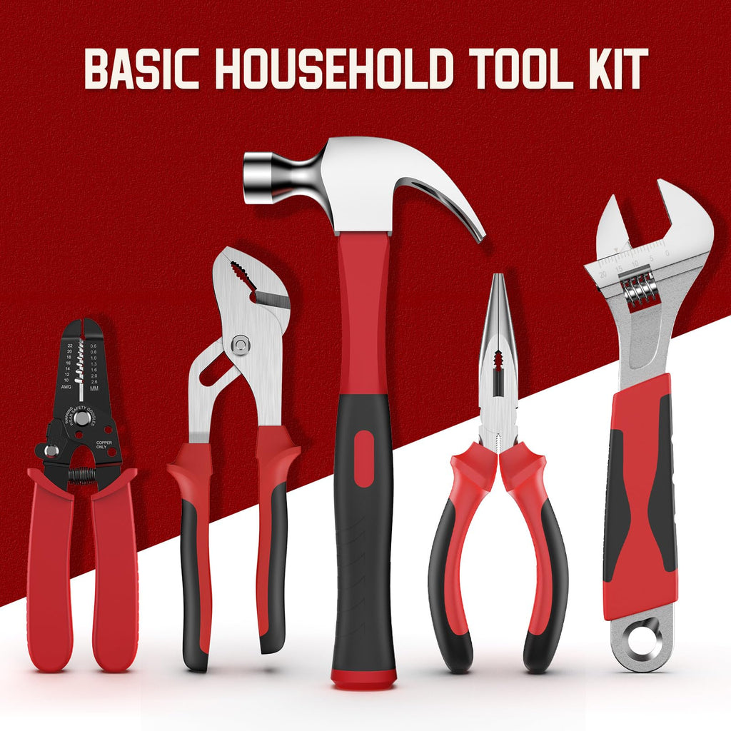 Home Tool Kit with Drawer - 379-PCs Portable Complete Household and Auto Repair Tool Set - Hand General Basic Tool Box StoraCase - Full Basic Toolkit for Handyman & Diyer & Homeowner Red