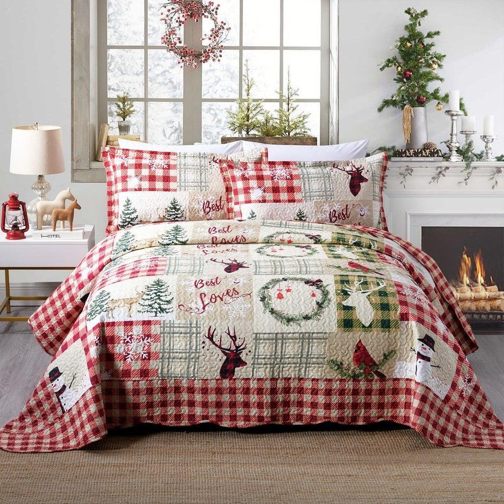 Farmhouse Christmas Rustic Plaid, Reindeer, Snowman, Deer Quilt Set (3 Piece Bedding)
