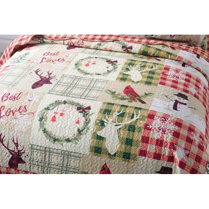 Farmhouse Christmas Rustic Plaid, Reindeer, Snowman, Deer Quilt Set (3 Piece Bedding)