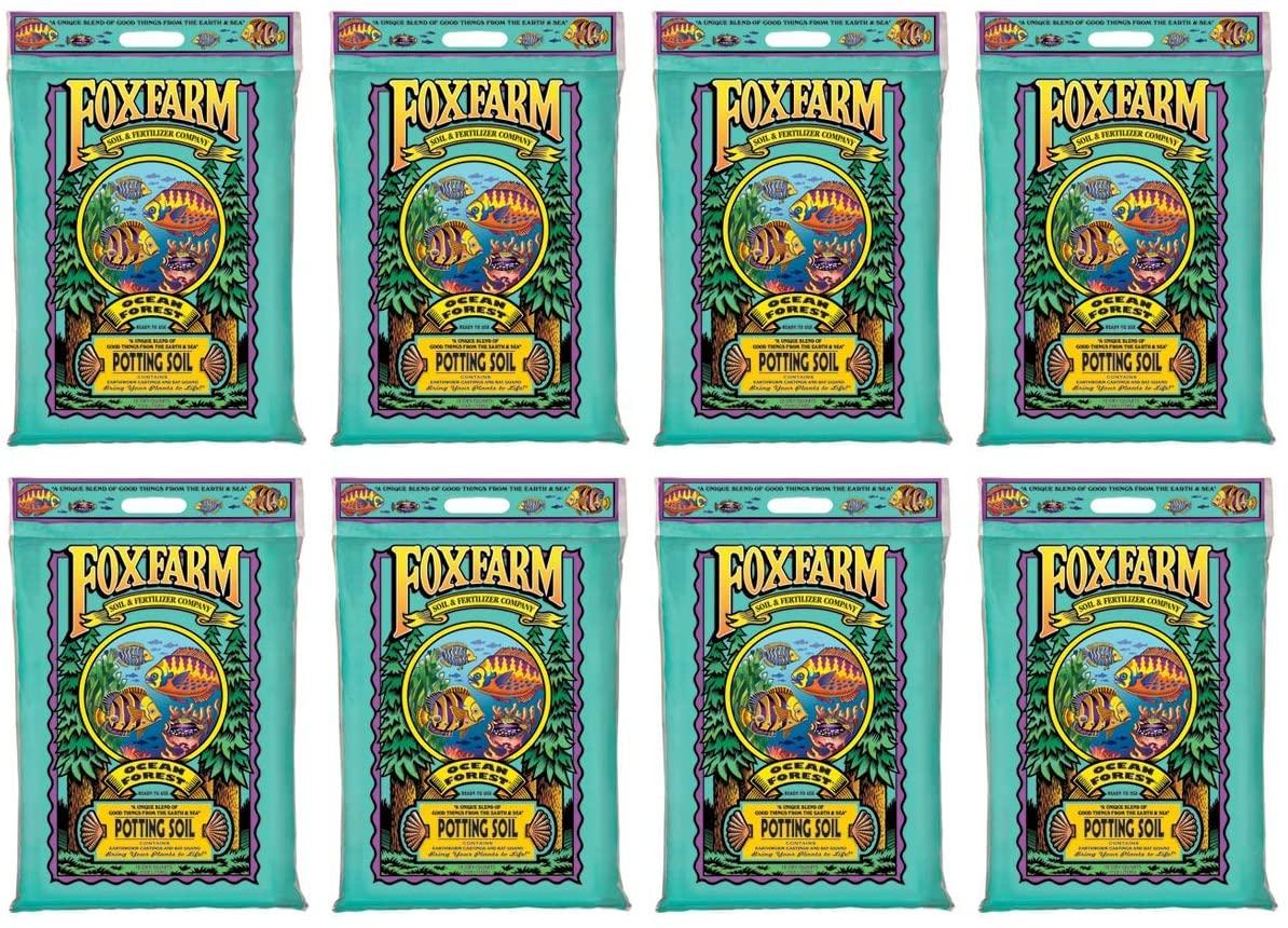 foxfarm fx14053 ocean forest plant garden ph adjusted 12 quarts potting soil blend mix for containerized plants, 11.9 pound bag (8 pack)