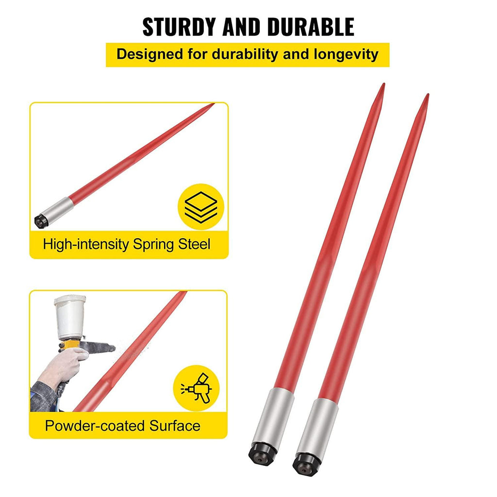 mophorn pair hay spear 49" bale spear 3000 lbs capacity, bale spike quick attach square hay bale spears 1 3/4", red coated bale forks, bale hay spike with hex nut &amp; sleeve for buckets tractors loaders