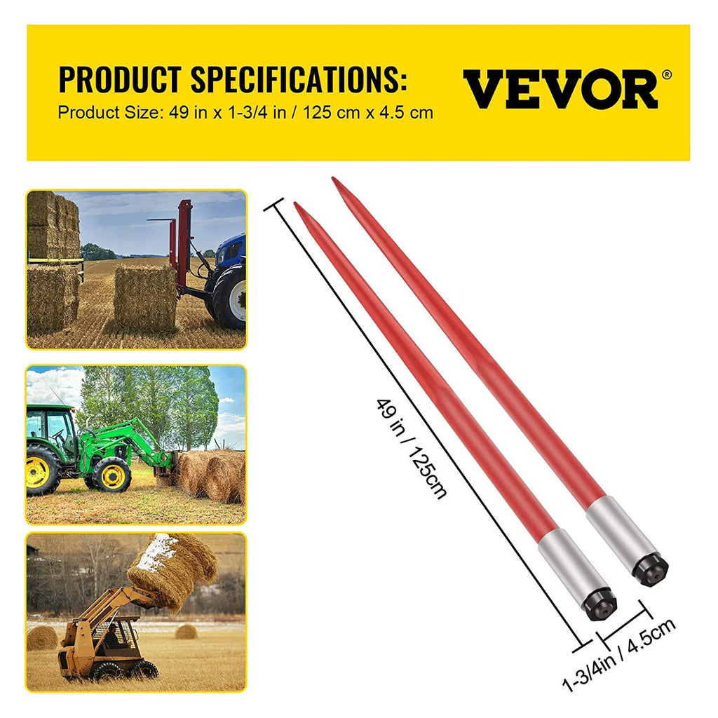 mophorn pair hay spear 49" bale spear 3000 lbs capacity, bale spike quick attach square hay bale spears 1 3/4", red coated bale forks, bale hay spike with hex nut &amp; sleeve for buckets tractors loaders
