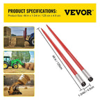 mophorn pair hay spear 49" bale spear 3000 lbs capacity, bale spike quick attach square hay bale spears 1 3/4", red coated bale forks, bale hay spike with hex nut &amp; sleeve for buckets tractors loaders