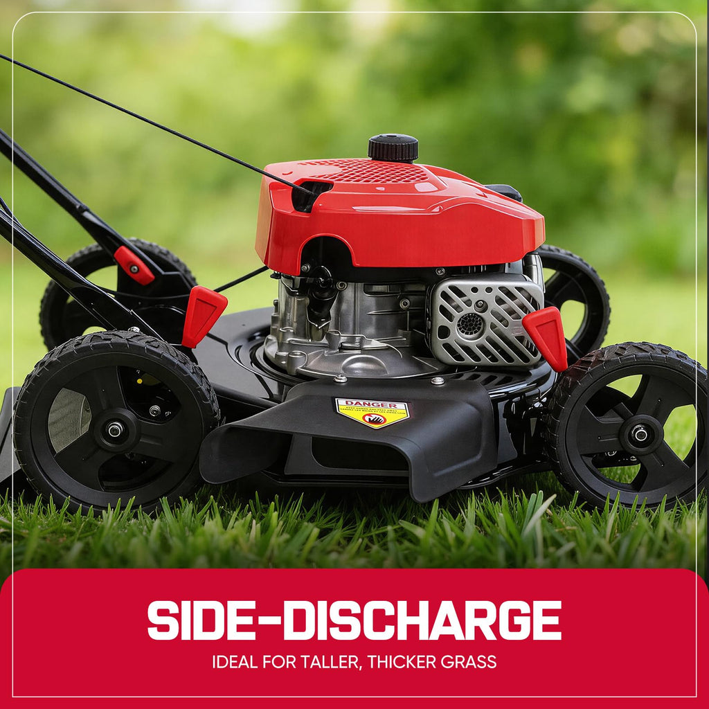 EasyCut 18-Inch Gas Lawn Mower, 144cc 4-Cycle Engine, Walk-Behind Push Lawn Mower, Side Discharge, 5-Position Height Adjustment, Ideal for Small Yards