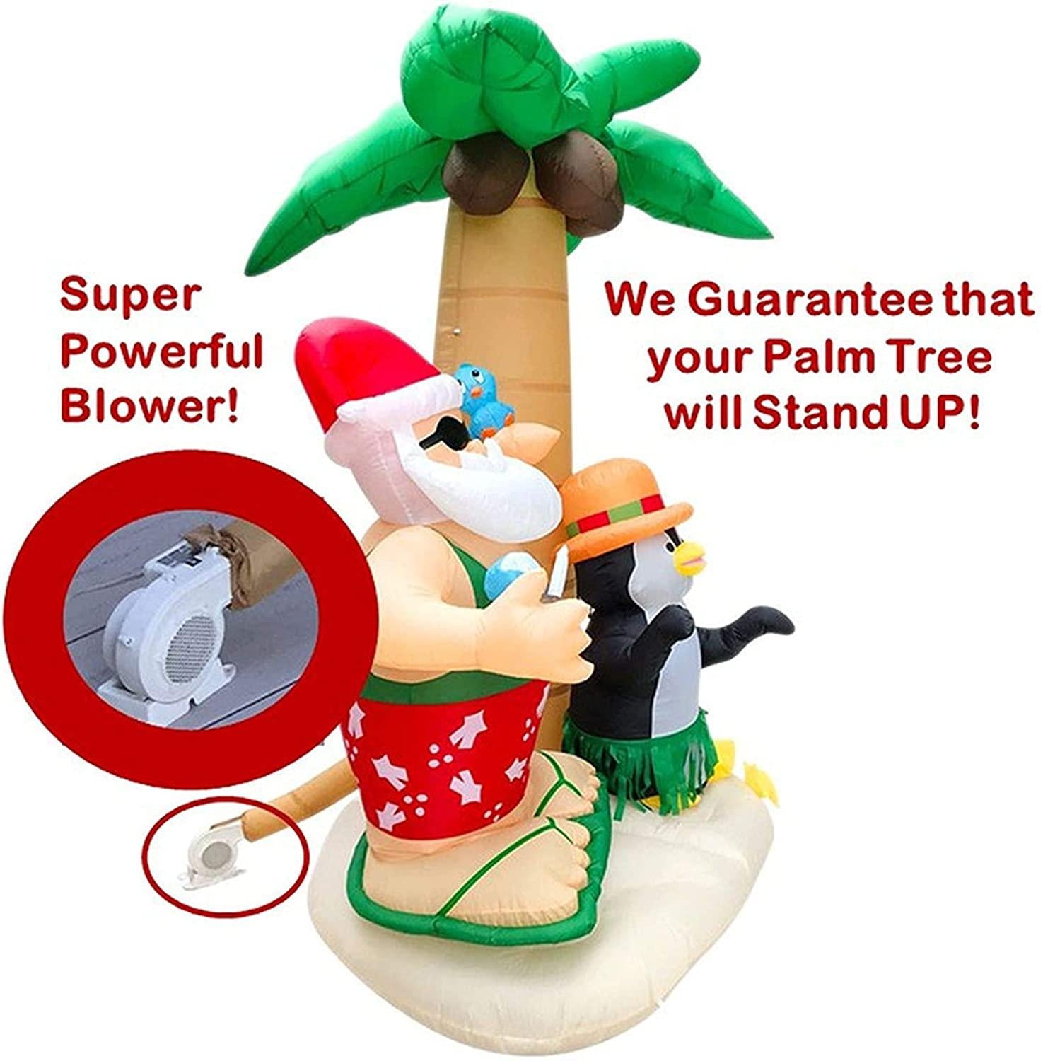 ADSVMEL 2.1M Inflatable Decorations Father Christmas Christmas Penguin Coconut Tree Sand Beach with Ground Fork Transformer Rope  Air Blown Garden Decoration Indoor Outdoor