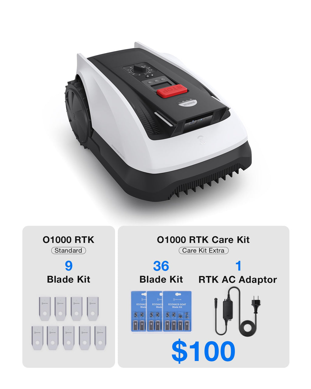 Goat O1000 RTK Care Kit Robotic Lawn Mower with RTK Precision Navigation, No Perimeter Wire, Smart App Control, Auto Mapping, Multi-Zone Management – Includes 36 Extra Blades