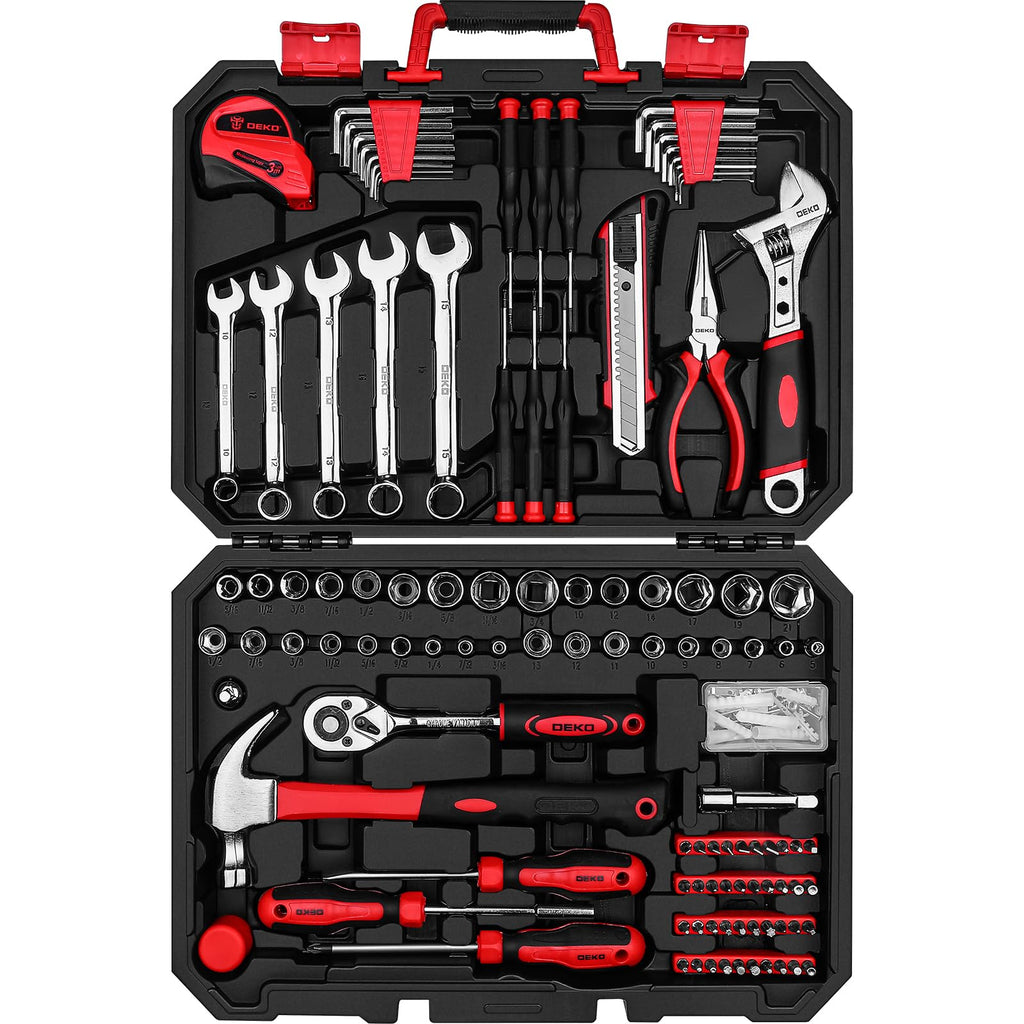 Tool Set:158 Piece Home Tool Kit, Household Basic Repair Tool Set Comes with Plastic StoraCase-Red