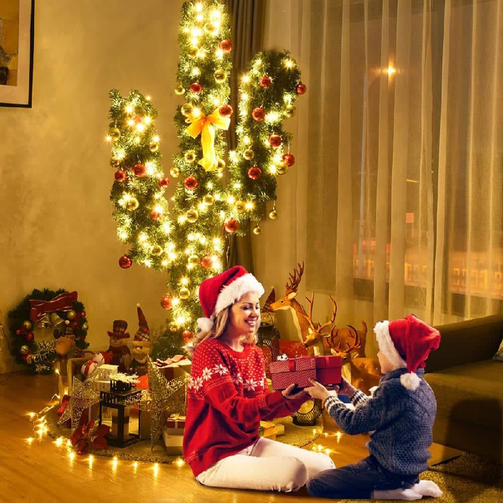 7 ft. Pre-Lit Cactus Artificial Christmas Tree with LED Lights and Ball Ornaments