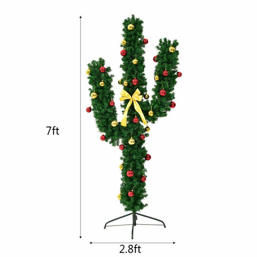 7 ft. Pre-Lit Cactus Artificial Christmas Tree with LED Lights and Ball Ornaments