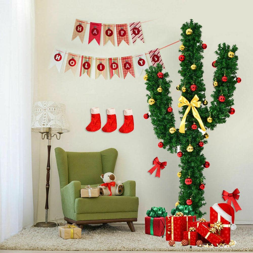 7 ft. Pre-Lit Cactus Artificial Christmas Tree with LED Lights and Ball Ornaments