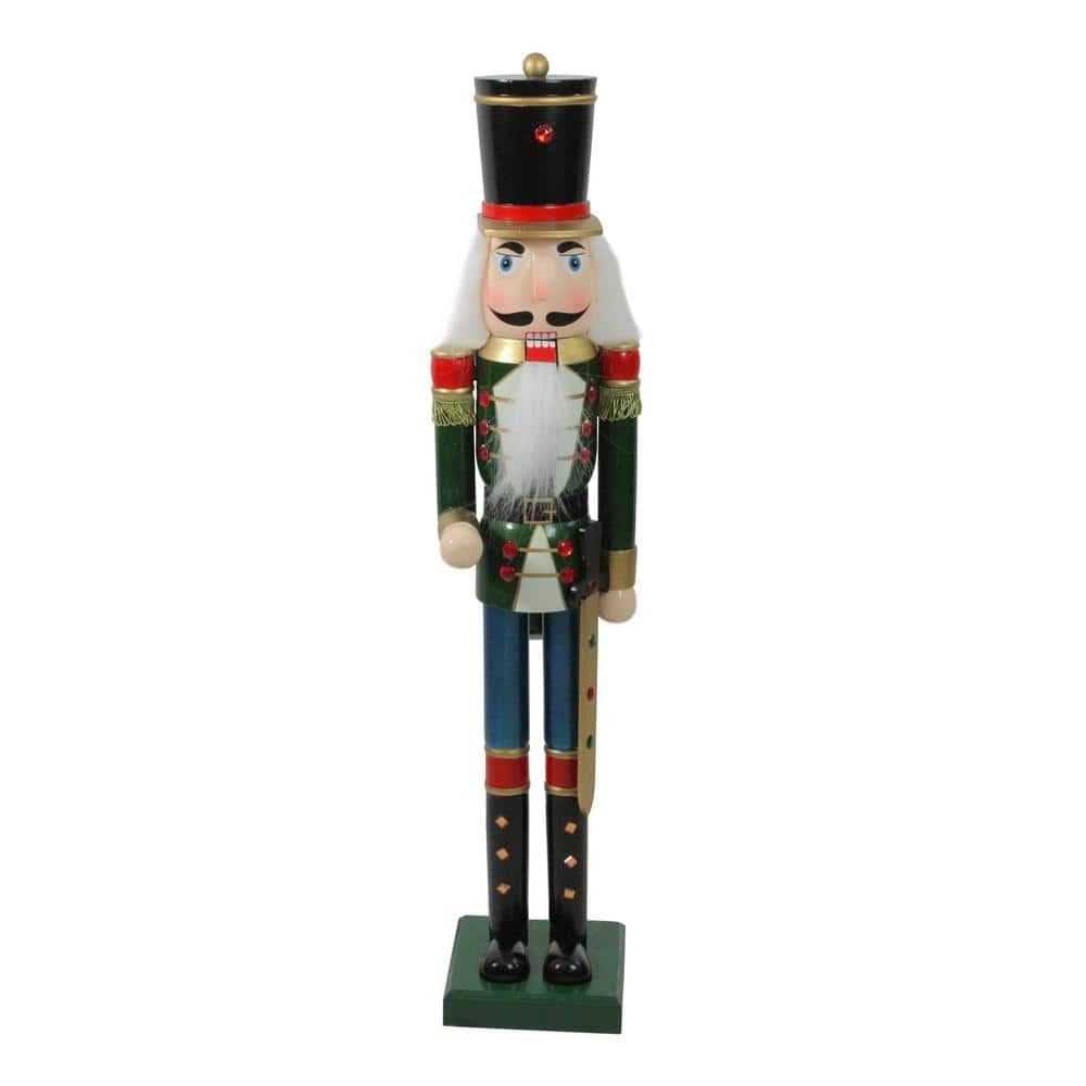 36.75 in. Green and Blue Glittered Wooden Christmas Nutcracker Soldier with Sword
