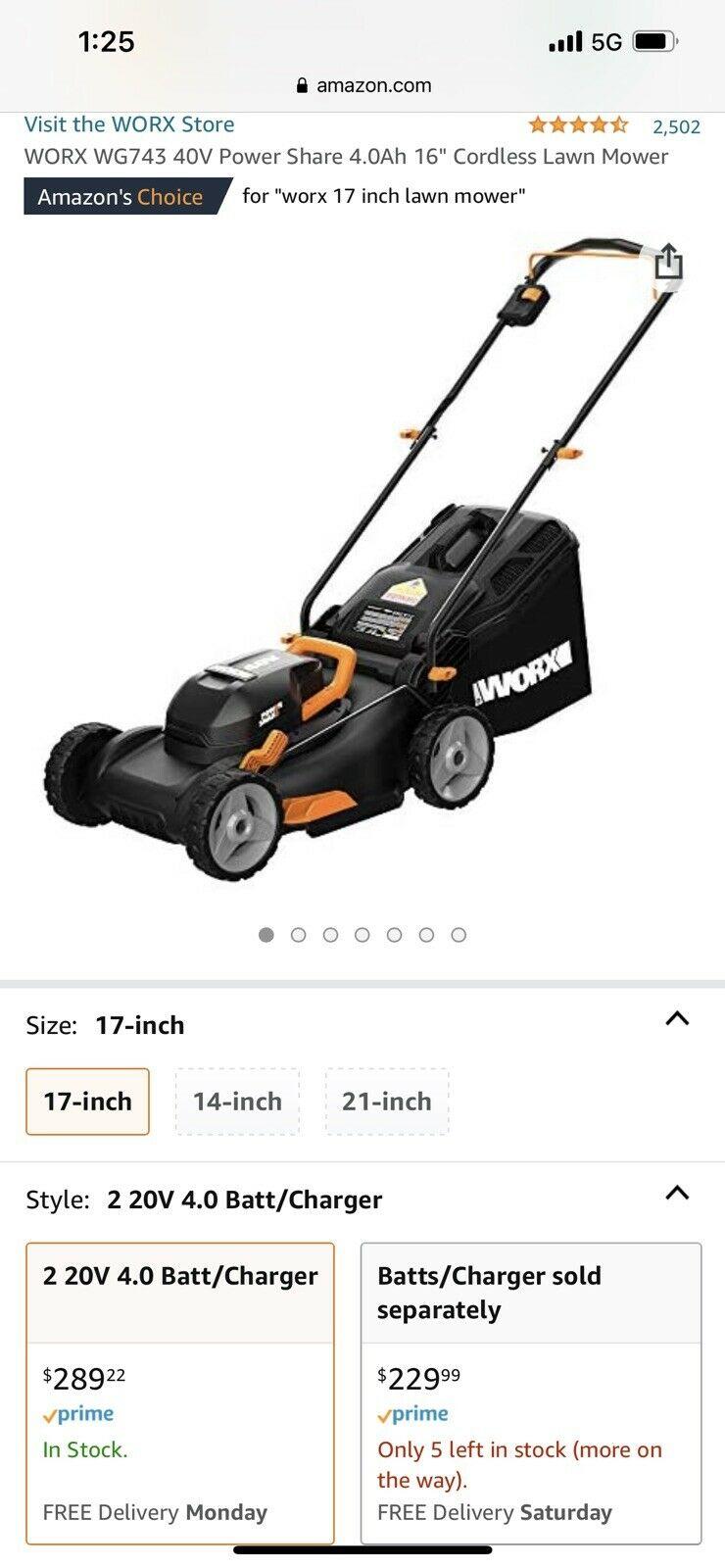 WG743 16" 40V Lawn Mower with 2 Batteries x 4.0Ah