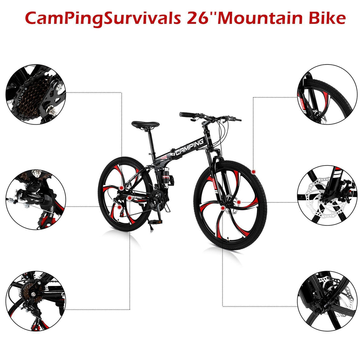Campingsurvivals Folding Mountain Bike, 21 Speed Steel Adult Bicycle, with 26" Wheel, Black