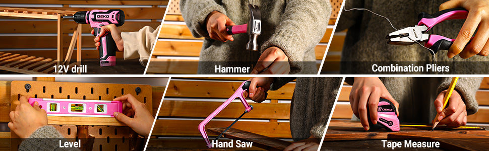 Pink Tool Kit Box Drill Set： Home Mechanic Toolbox with 12V Power Cordless Drill Hand Repair Tools Sets Combo Kits StoraOrganizer Drawer Case for Men & Women