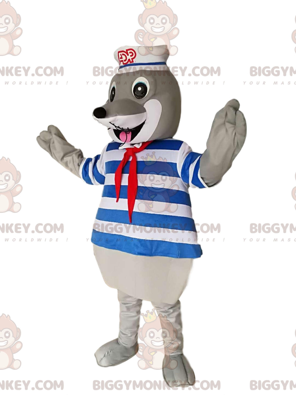 Gray Seal BIGGYMONKEYMascot Costume with Swimsuit and Sailor Hat