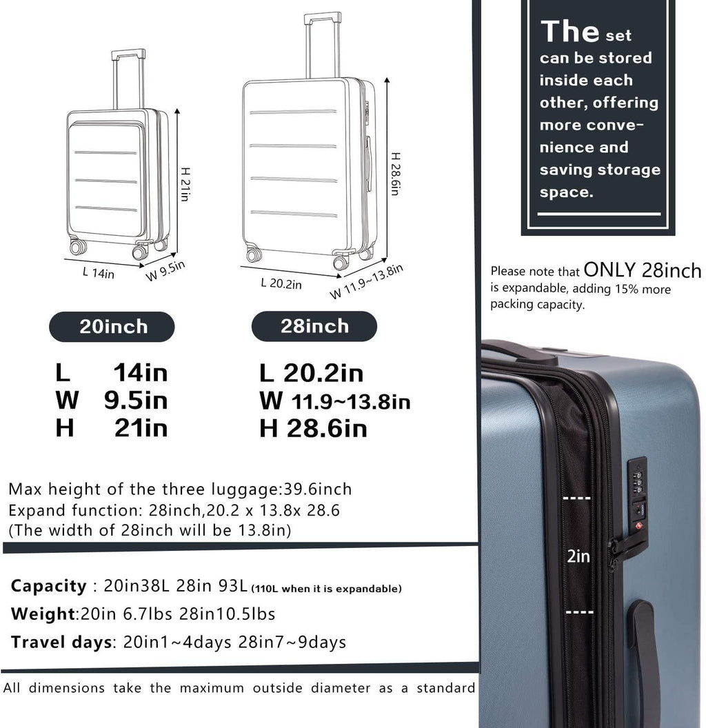 Luggage Suitcase Piece Set Carry On ABS+PC Spinner Trolley with pocket Compartmnet Weekend Bag(Night navy, 2-piece Set)