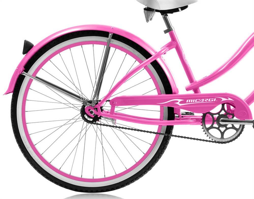 Micargi ROVER GX 26" Beach Cruiser Coaster Brake Single Speed  Steel Spokes One Piece Crank Alloy Pink Rims 36H With Fenders Color: Pink/ Pink Rim