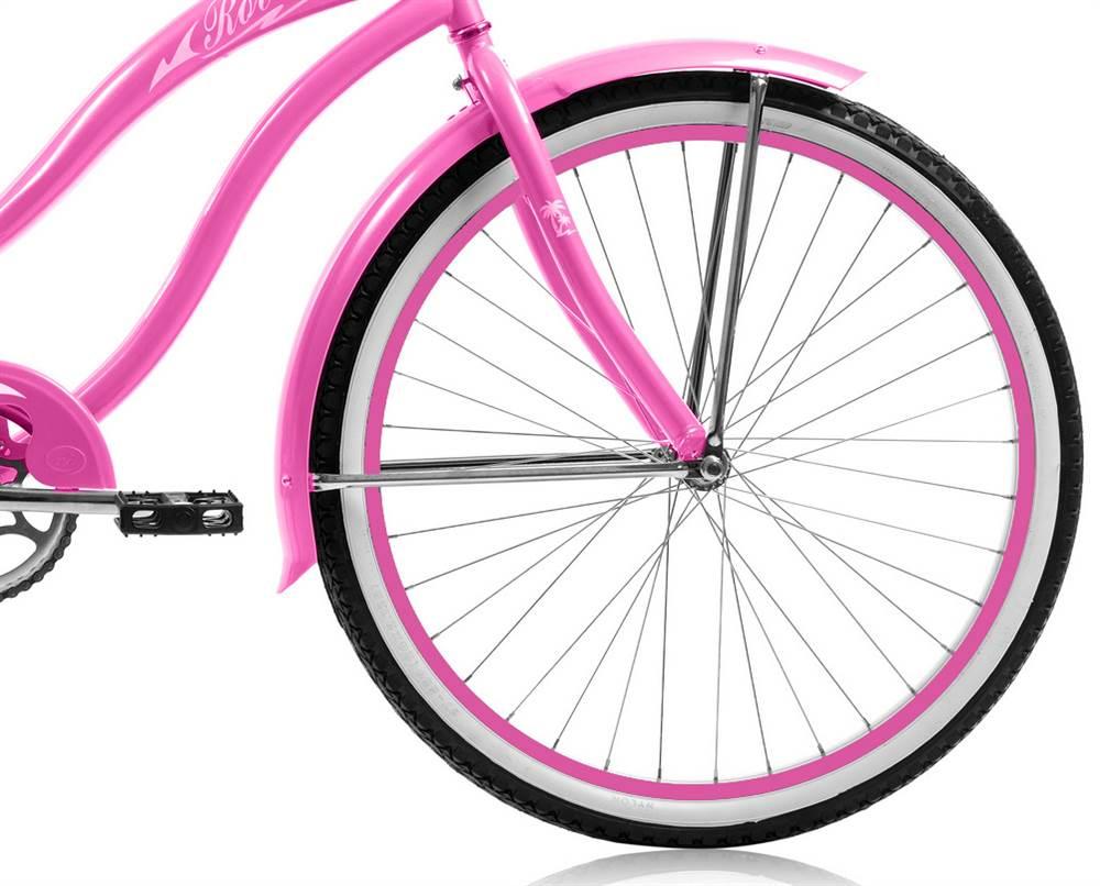 Micargi ROVER GX 26" Beach Cruiser Coaster Brake Single Speed  Steel Spokes One Piece Crank Alloy Pink Rims 36H With Fenders Color: Pink/ Pink Rim
