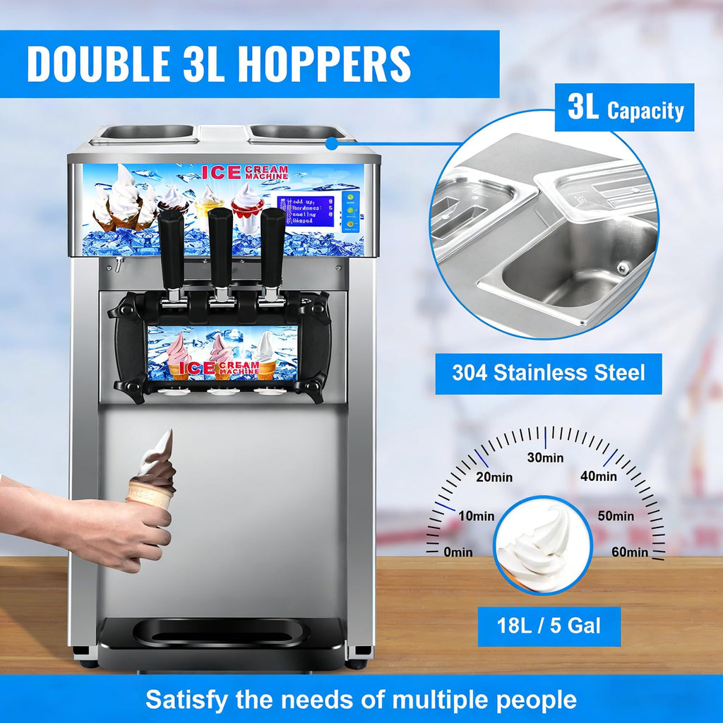Soft Serve Ice Cream Machine, 18L/H Yield Commercial Ice Cream Maker, 1200W Countertop Soft Serve Ice Cream Maker with LCD Panel Puffing ShortaAlarm for Bars Coffee Shop Restaurant (ZM-168)