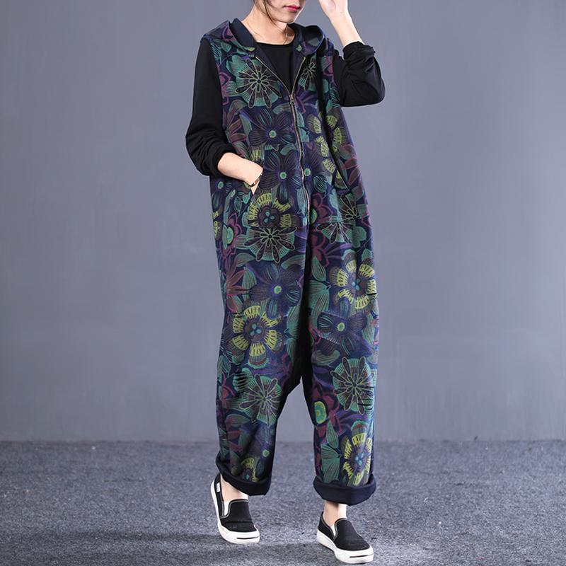 Loose Vintage Printed Zipper Jumpsuit