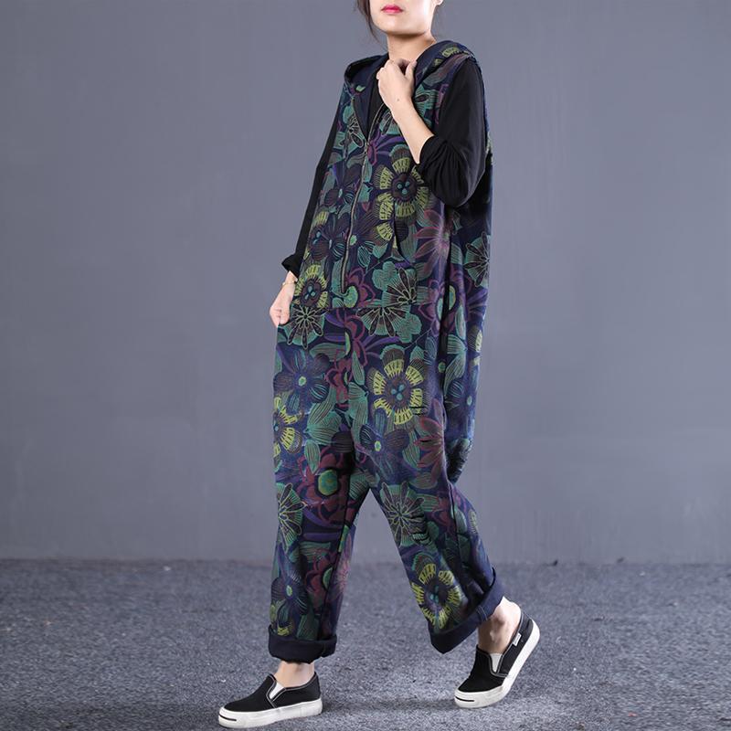 Loose Vintage Printed Zipper Jumpsuit