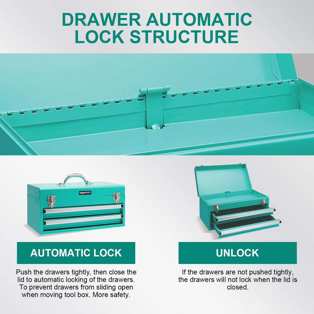 Metal Tool Box with Drawers, Storaand Organization Tool Chest, Powder Coat Finish, 18.1 x 8.7 x 9.5 in, Turquoise