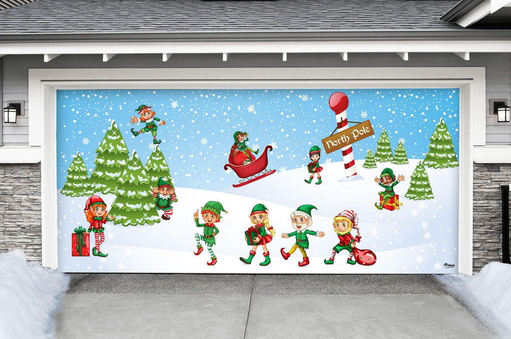 7' x 16' White and Green Elves in North Pole Christmas Double Car Garage Door Banner
