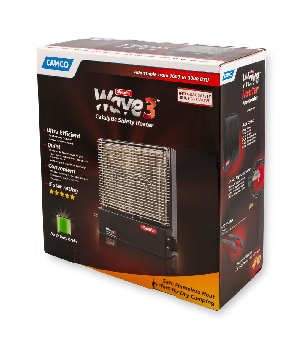 Camco Olympian RV Wave-3 LP Gas Catalytic Safety Heater, Adjustable 1600 to 3000 BTU, Warms 130 Square Feet of Space, Portable and Wall Mountable