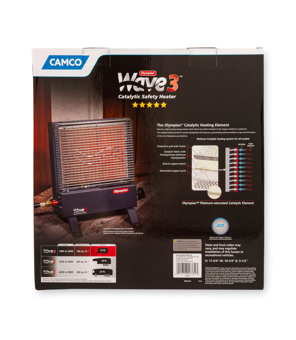 Camco Olympian RV Wave-3 LP Gas Catalytic Safety Heater, Adjustable 1600 to 3000 BTU, Warms 130 Square Feet of Space, Portable and Wall Mountable