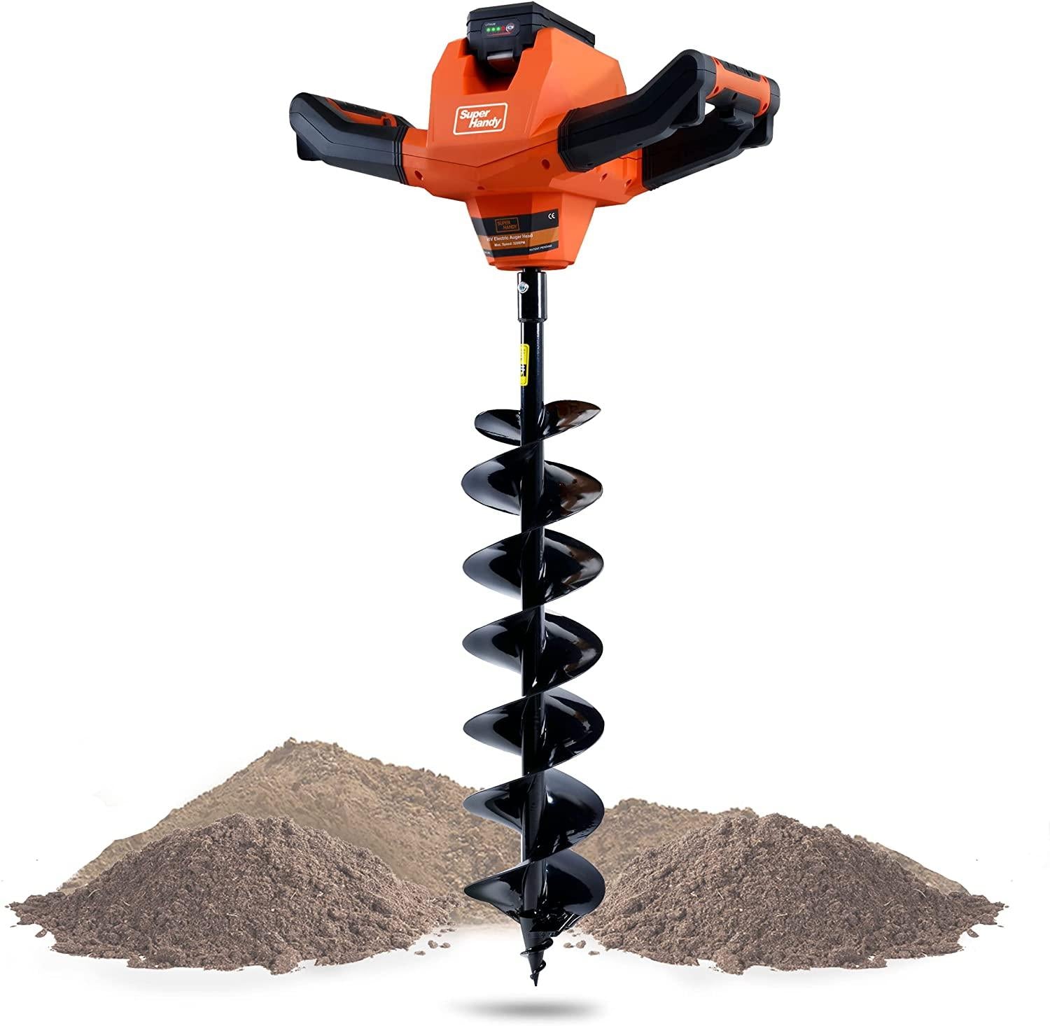 superhandy earth auger power head w/steel 6"x30" bit ultra duty eco-friendly electric cordless lithium-ion battery &amp; charger for earth burrowing/drilling &amp; post hole digging (earth auger 6" set)